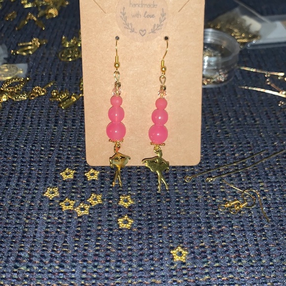 Handcrafted Semi Precious Pink stone w ballerina pendant Dangle Bon Bon Earrings - Picture 5 of 8